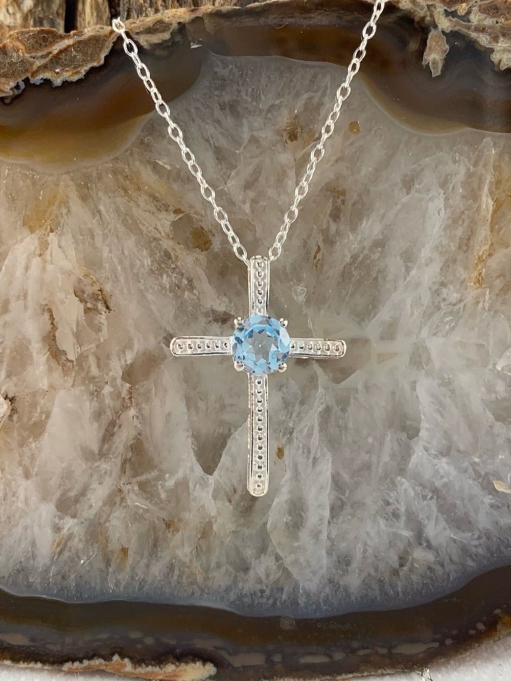 NWOT Blue Topaz Solitaire Cross Pendant With 18” Sterling Silver Chain